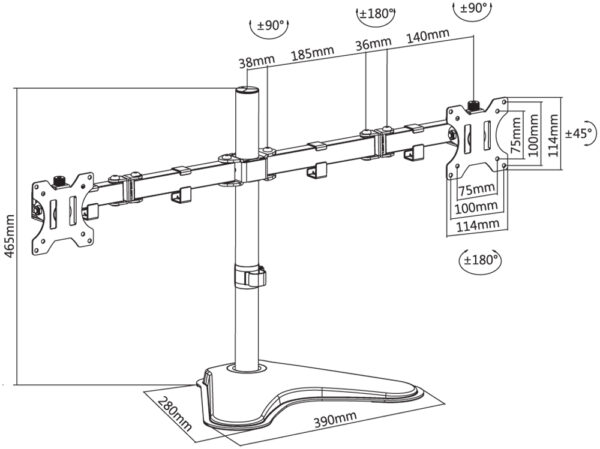 LDT12-T024N line drawing Supporto da Scrivania per 2 Monitor 13-32'' con Base e Doppio Snodo
